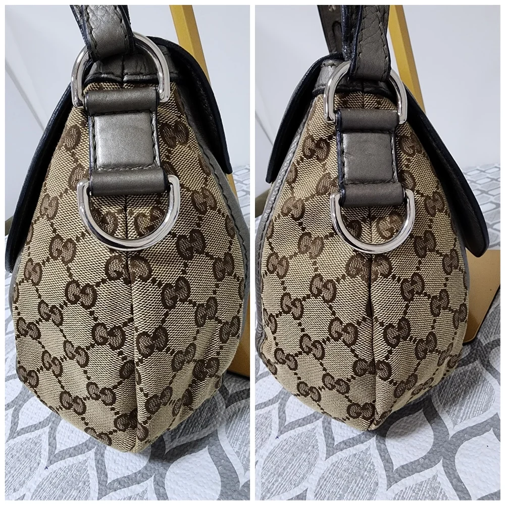 Gucci Medium GG Canvas Techno Horsebit Flap Hobo Bag Grey/Beige